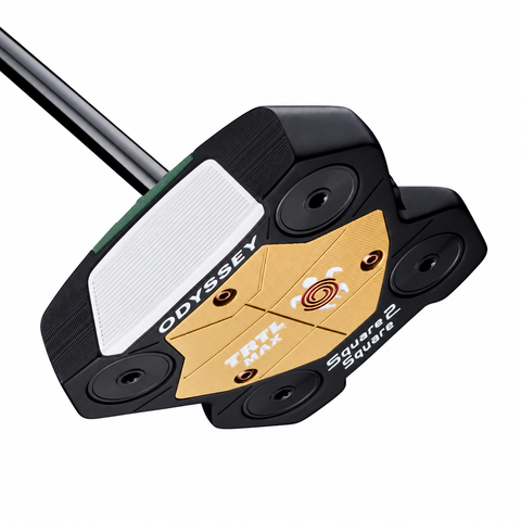 Odyssey TRTL Max Square 2 Square left-hand putter sole, showing the gold centre plate and perimeter weights; digitally adapted to left-hand orientation