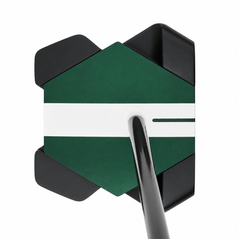 Odyssey TRTL Max Square 2 Square left-hand putter at address, showing the shaft position and Twin Track lines; digitally adapted to left-hand orientation