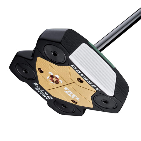 Odyssey TRTL Max Square 2 Square putter sole, showing the gold centre plate and perimeter weights