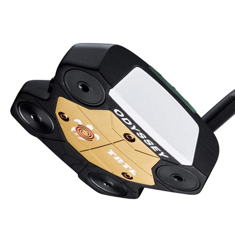Odyssey TRTL Slant Neck putter sole, showing the gold centre plate and four corner weights