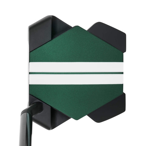 Odyssey TRTL Slant Neck putter at address, showing the slant hosel and Twin Track alignment