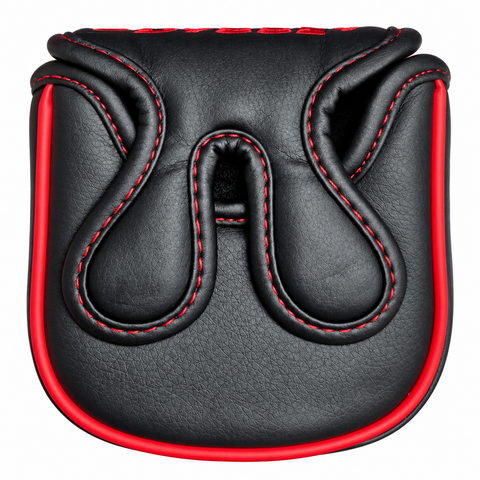 Rear of Odyssey Tempest XXL Square 2 Square mallet putter cover showing central shaft opening and red stitching on white background
