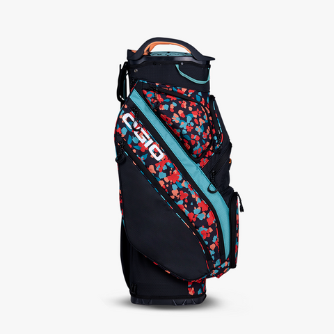 Ogio Silencer Cart Bag 25 Confetti Golf Bag side angle showing the bright colours and pockets