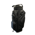The Ogio 2026 Silencer Cart Bag in black, featuring a 15-way top, multiple zippered compartments, and a sturdy handle for golf club protection, stands upright against a white background.