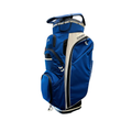 The Ogio 2026 Silencer Cart Bag in Blue Sky, featuring black and white accents, multiple zippered pockets, and a sturdy handle, stands upright—ideal as a 15-way top golf cart bag for organized club storage.