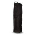 The Ogio Alpha Mid Travel Cover by Ogio is a large black case with two wheels, a handle, clear ID window, and club protection—ideal for safely transporting bulky items such as sports equipment or golf gear.