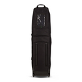 The Ogio Alpha Mid Travel Cover is a tall, black golf bag with wheels, a handle, a clear front pocket, and durable protective panels below for club protection.