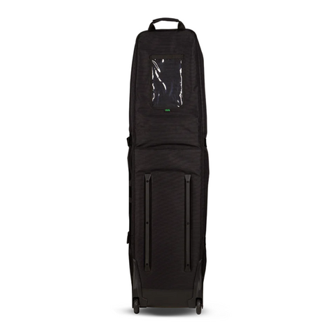 The Ogio Alpha Mid Travel Cover is a tall, black golf bag with wheels, a handle, a clear front pocket, and durable protective panels below for club protection.
