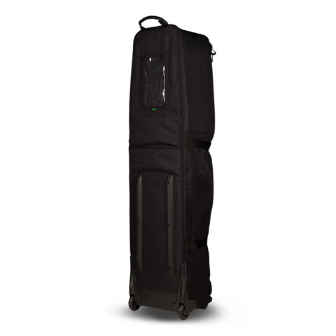The Ogio Alpha Mid Travel Cover | Black by Ogio stands upright with a top handle, clear ID window, reinforced corners, and two wheels—ideal for transporting your golf clubs.