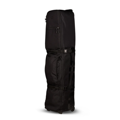 The Ogio Alpha Mid Travel Cover in black stands upright on its wheels against a white background, featuring multiple zippered compartments and adjustable straps for sleek club protection.
