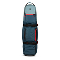 The Ogio Alpha Mid Travel Cover by Ogio is tall, blue and grey, with black straps, red zippers, a top handle, and bottom wheels—ideal for transporting large items or sports gear with enhanced club protection.