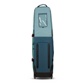The Ogio Alpha Mid Travel Cover by Ogio is a tall blue golf travel bag with a windowed top pocket, black wheels, and side handles, designed to transport large items securely while protecting your clubs.