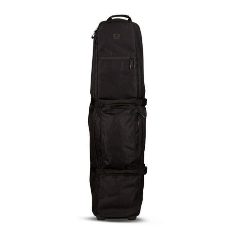 The black Ogio Alpha Mid Travel Cover by Ogio stands upright on a white background, featuring multiple compartments, zippers, a top handle, and excellent club protection—ideal for your next trip.
