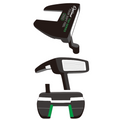 Illustration of the black Optima TSX Putters | Left Handed by Optima, shown from top, side, and front angles. Features green accents and white “Tour Series 3X-Series 602D” text—crafted especially for lefties.