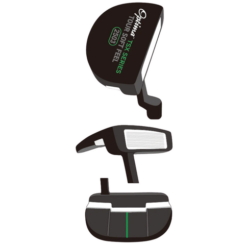 Illustration of an Optima TSX Putter by Optima, shown from top, side, and front angles. Highlights include green accents, a white soft face insert, easy alignment lines, and “TSX-SERIES TOUR SOFT FEEL” text.