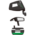 Illustration of a black Optima TSX Putter head by Optima, shown from top, side, and front angles. The top view highlights branding and a white alignment section; the front view features a soft face insert.