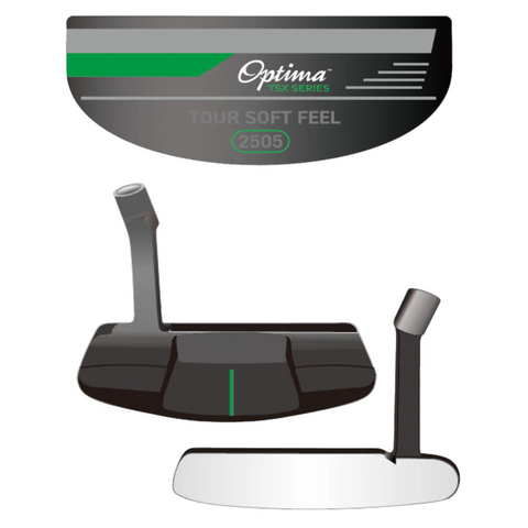 Illustration of the Optima TSX Putters | Left Handed by Optima in black and silver, shown from top, front, and side views. Features green alignment lines and "Optima Tour Soft Feel 2505" on its face. Ideal for left handed golfers.
