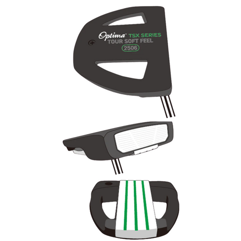 Illustration of the Optima TSX Putters by Optima in black, displaying top, side, and bottom views. Features green and white alignment lines and a soft face insert for enhanced feel.