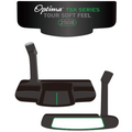 Illustration of a black Optima TSX Putter by Optima, shown from the back, side, and front. Features green and white accents, branding details, alignment guides, and a soft insert for smooth strokes.