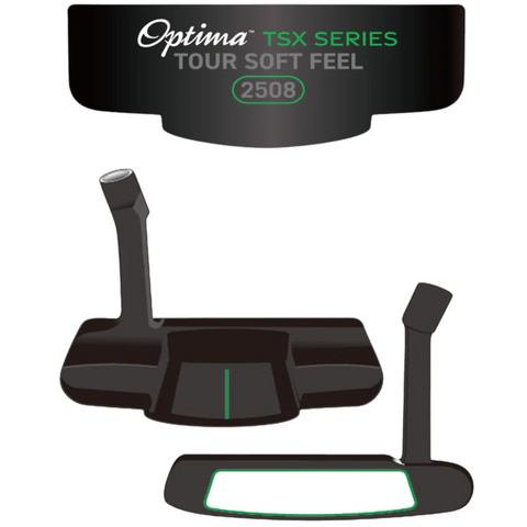 Illustration of a black Optima TSX Putter by Optima, shown from the back, side, and front. Features green and white accents, branding details, alignment guides, and a soft insert for smooth strokes.