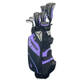 The PGF 2025 Futura Womens Package Set by PGF features a black and purple golf bag with lightweight clubs, matching headcovers, silver club heads, and zippers, all displayed on a white background.