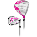 Two golf clubs with silver and hot pink accents from the PGF 2025 Swift Womens Package Set; one is a PGF Swift Speed Hi-Launch driver and the other is an iron, both featuring sleek, modern designs.