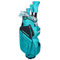 A turquoise golf bag holds the PGF 2025 Swift Women’s Package Set by PGF, a complete set with headcovers. The bag has multiple zippered pockets, black-and-white accents, and stands upright on a white background.