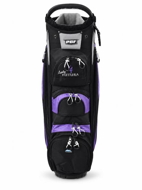 Front view of PGF Lady Futura black and purple women's cart bag
