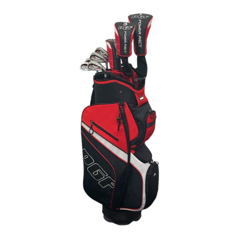 The PGF Power Pact Mens Golf Package Set | +1 | Red/Black by PGF includes a full set of clubs—some with matching headcovers—and a bag equipped with zippered pockets and side compartments.