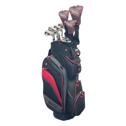 The PGF Status SP2 Men's Golf Package Set in red and black includes forgiving clubs with headcovers, shown upright on a white background.