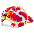 The PING 2025 Hawaii Collection Electric Sunset Tour Snapback is a limited-edition white cap with a red, orange, and yellow tropical pattern and PING embroidered in navy above the adjustable snapback closure.