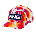 The PING 2025 Hawaii Collection Electric Sunset Tour Snapback features a bold navy Ping patch and a vibrant tropical leaf pattern in red, orange, and yellow.