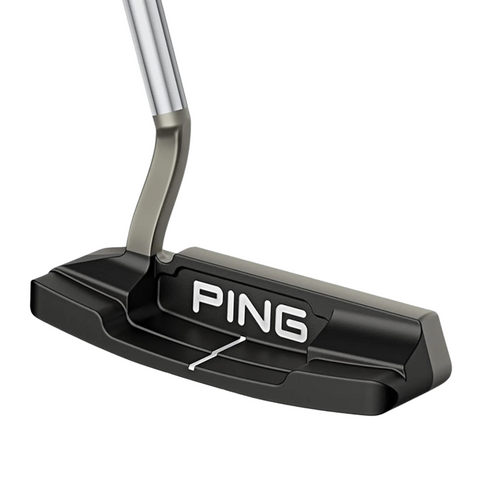 The PING 2025 Scottsdale Anser 4 Putter by Ping features a black and silver design, a metal shaft, bold white PING lettering on the back, and a tour-proven milled face.