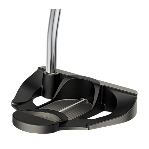The PING 2025 Scottsdale Craz-E CB Putter by Ping features a wide, flat mallet head with high MOI and a gray textured face insert, metallic shaft, and modern black design.