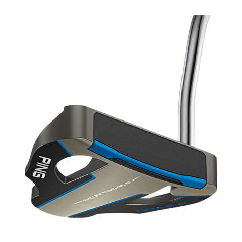 A close-up of the left-handed PING 2025 Scottsdale Craz-E CB Putter by Ping, featuring a metallic finish, black and blue accents, and an angled curved steel shaft.