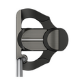 A top-down view of the left-handed PING 2025 Scottsdale Craz-E CB Putter by Ping highlights its sleek black design with metallic grooves, ideal for golfers looking for a premium counter-balanced putter.