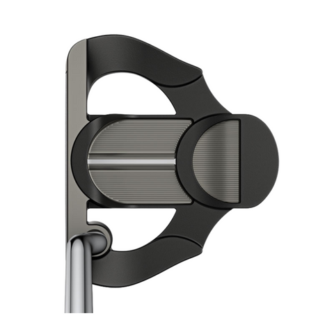 A top-down view of the left-handed PING 2025 Scottsdale Craz-E CB Putter by Ping highlights its sleek black design with metallic grooves