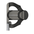 The Ping 2025 Scottsdale Craz-E Putter head, shown from above against a white background, features a modern black and silver geometric design with both curved and straight lines.