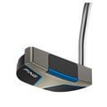 A close-up of a Ping 2025 Scottsdale DS72 Putter head, showcasing its metallic finish with black and blue accents, plus a partially visible shiny silver shaft.