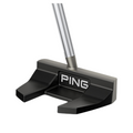 A close-up of the PING 2025 Scottsdale Prime Tyne C Putter head by Ping, featuring a black and silver modern, angular design with the Ping logo centered and high-MOI putter performance.