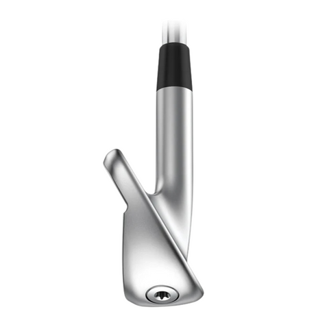 A close-up of the Ping PING 2025 i240 Irons Set showcases its sleek, modern design with a visible screw on the silver clubhead, highlighting this players iron against a plain white background.