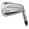 The PING 2025 i240 Irons Set features a sleek silver design with black accents and a textured back, angled to highlight the Ping branding and model—ideal for golfers seeking premium players irons.