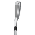 A close-up of the Ping 2025 iDi Driving Irons highlights the grooved clubface and shaft, presenting this silver club as a top long-iron alternative against a white background.