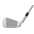 A close-up of the Ping PING 2025 iDi Driving Irons shows detailed grooves on the silver clubface and part of the shaft—a sleek long-iron alternative against a white background.