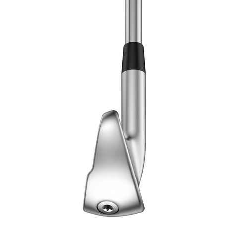 Close-up of the Ping 2025 iDi Driving Irons club head, viewed from the back and at an angle, displays a visible screw at the base. The steel shaft connects with a black collar—offering a sleek long-iron option.