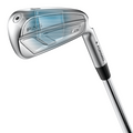 A close-up of a Ping 2025 iDi Driving Iron displays its polished silver head, branding, and an overlaid graphic revealing inner technology—ideal for golfers looking for a long-iron alternative.