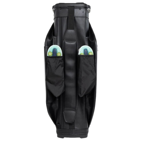 A white Ping 2026 DLX 244 Cart Golf Bag with a 15-way top and two side pockets, each holding a disc, is photographed against a white background.