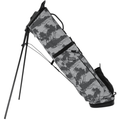 The PING 2026 Moonlander Stand Bag | Grey Isles is a lightweight grey golf bag with carbon fibre legs, black palm tree pattern, multiple pockets, and a mesh section near the top for added convenience and style.