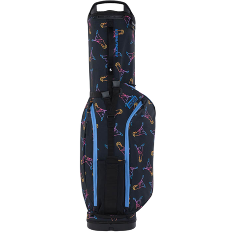 The PING 2026 Moonlander Stand Bag in Grey Isles is a lightweight golf bag with light blue zippers and colorful, outlined golfer silhouettes. Features include a top handle, shoulder strap, and sturdy carbon fibre legs.