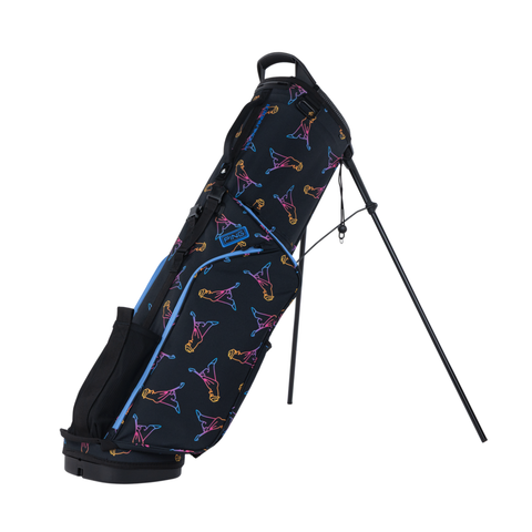 The PING 2026 Moonlander Stand Bag | Grey Isles by Ping is a lightweight, grey golf bag with colorful abstract golfer silhouettes and two carbon fibre legs for support.